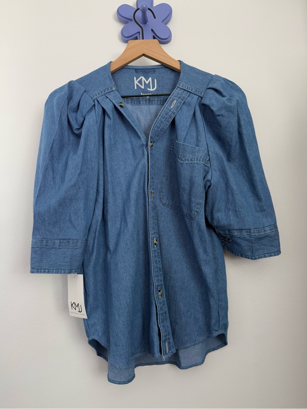 KMJ Large NEW James Denim Shirt 3/4 Puff Sleeve Office Career Work Chambray